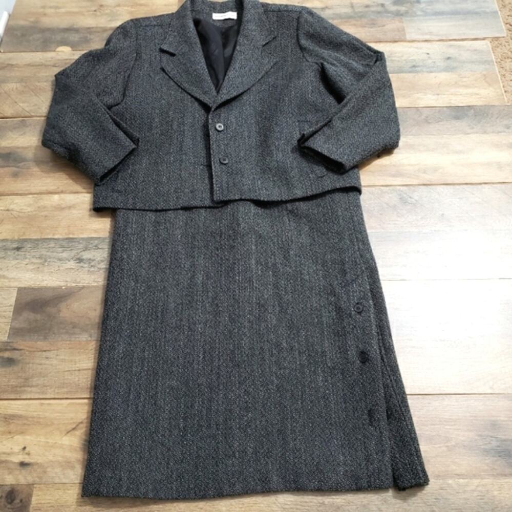 Ashley Ross Vintage Wool Black Marled Pocket Blazer and Midi Skirt Suit Set‎ 10